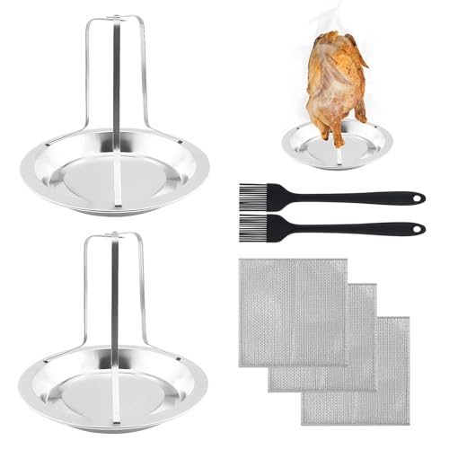 2 Stück Hähnchenhalter Grill Set, Hähnchenbräter Edelstahl mit 2 STK Ölpinsel und 3 Reinigungstüchern, Vertikal Hähnchen Ständer, Herausnehmbare Hähnchen Grill für...