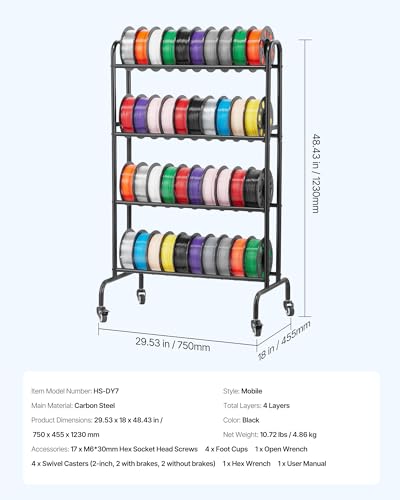 Image of VEVOR 3D Printer Filament Storage Rack, 4 Tier Heavy Duty Storage Shelf, Rolling Filament Spool Holders Racks with Wheels, Filaments Organzied for 3D Printing Station, Office, Workshop (Shelf Only)