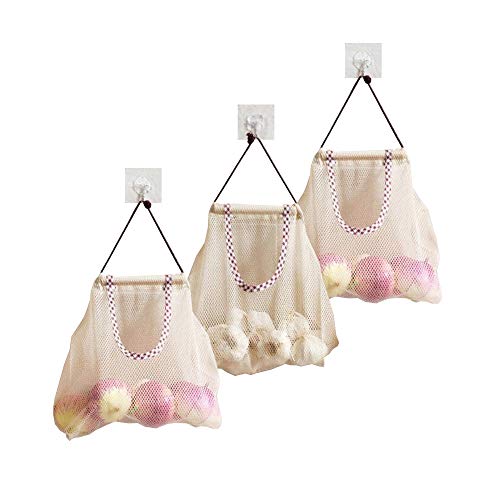 TuuTyss Set of 3 Hanging Reusable Storage Mesh Bag Vegetable Bag for Fruit,Garlics,Potatoes,Onions or Garbage Bag Organizer(3pcs-Beige)