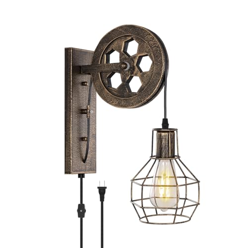 BAODEN Plug in Wall Sconce Rustic Wall Light Lift Pulley