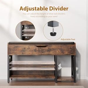 Shoe Bench Lift Top Shoe Storage Bench Adjustable Shelf Entryway Bench Metal and Wood Shoe Rack Organizer with Cushion for Entry Bedroom Closet Living Room Hallway Brown 355W