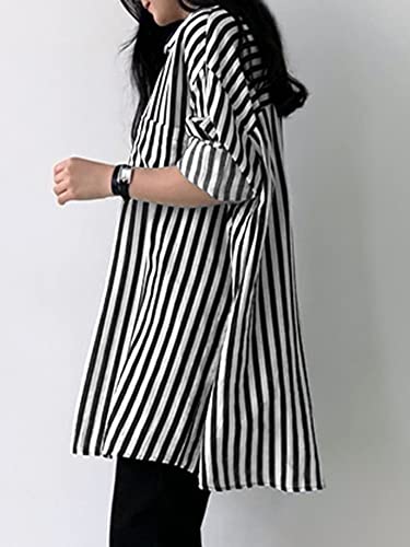 Women Button Down With Front Pockets Blouse Tops Casual Stripe Printed Turn Down Collar Long Sleeve Loose Shirt Black-G39024 Small #TOP4