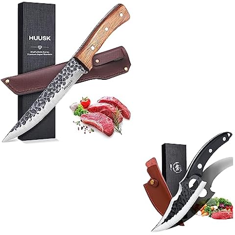 Huusk Japan Knife Bundle, Fathers Boning Knives, Fillet Caveman Knife Viking for meat cutting, Sheath Included, Outdoor Camping BBQ Ideal Present Gift Cover