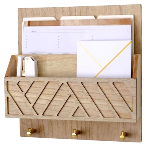 BLU MONACO Wall-Mounted Mail Organizer, Wooden Mail Holder With Key Hooks, Hanging Command Center for Entryway, Office & Home Organization, Key and Mail Holder for Wall