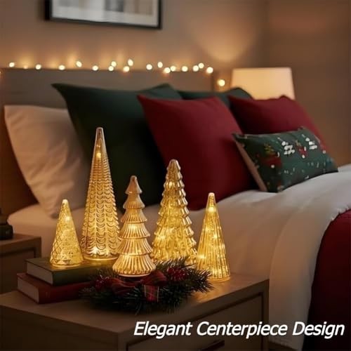 Figuras navideñas iluminadas y 5 árboles de Navidad de cristal de mercurio dorado para hogar 4