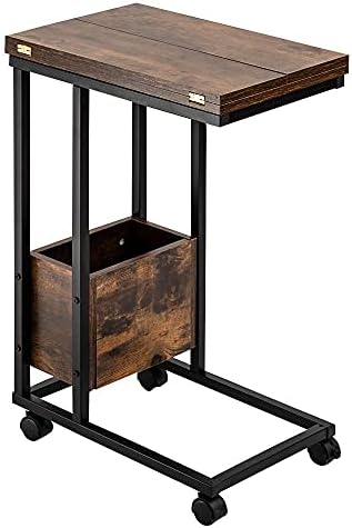 Hadulcet Sofa Side Table, Foldable End Table with Storage Basket, C Shaped Table with Wheels for Living Room Bedroom Small Spaces, Rustic Brown