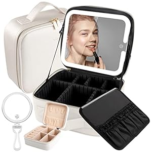 Travel Vanity Bag with Light and Mirror Travel Makeup Train Case Cosmetic Bag Organizer with Adjustable Dividers Portable Storage Adjustable Partition Traveling Makeup Box Khaki