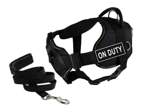 Dean & Tyler Bundle of 22 to 27-Inch DT Fun Harness with Chest Support, Small, Yellow Trim and 6-Feet Stainless Snap Padded Puppy Leash, Black, On Duty