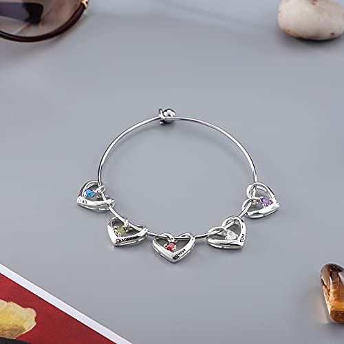 Dreamdecor Personalized Bangle Bracelet For Mom, Custom 1-5 Heart Charms Bracelet Engraved Name Bracelet Personalized Jewelry Gift For Christmas #TOP5