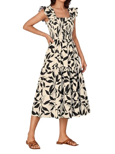 Image of Rooscier Women's A Line Smocked Midi Dress | Summer Sleeveless Square Neck Casual Sundress
