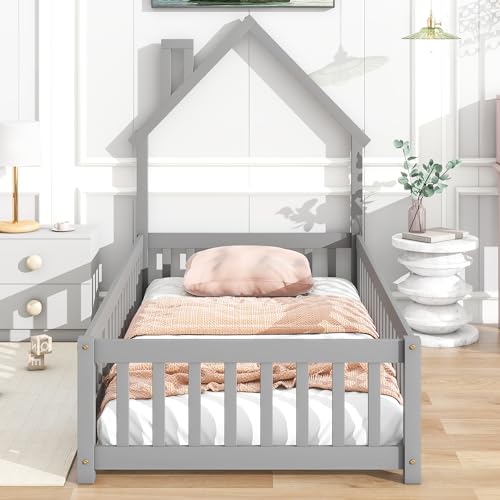 Twin-House-Shaped-Headboard-Floor-Bed-with-FenceGrey Twin House Shaped Headboard Floor Bed with FenceGrey