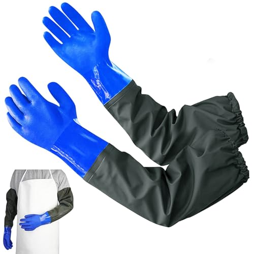 poraceous Guantes de Estanque, 70 cm Guantes de Goma Impermeables, Gants Reutilizables para Estanques, Gants con Forro de Tela, Para Acuarios, Pesca, Jardinería, Maquinaria e Industria (Azul)