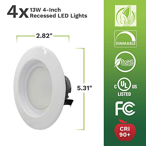 4 Pack Bioluz Led 4-Inch 13 Watt 90 Cri Dimmable Led Retrofit Recessed Lighting Fixture - 2700K Led Ceiling Light - 910 Lumen Recessed Downlight Ul-Listed Ja8 Cec #TOP4