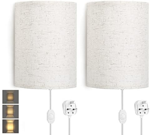 Lightess Wall Lights Dimmable, Plug in Wall Lamp with Switch Modern Wall Sconce with Beige Fabric Shade E27 Wall Wash Light Ideal for Bedroom Living Room Hotel Hallway Bedside Reading (Set of 2)