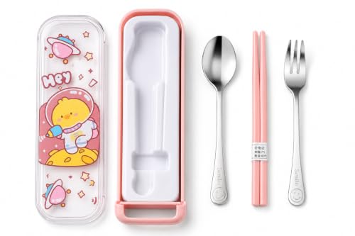 Image of Kids Cutlery Set with Box | Stainless Steel Spoon /Fork /Chopsticks | BPA-Free Food Grade Portable Lunch Utensils for School, Travel, Picnic & Camping