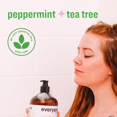 Image of Everyone 3-in-1 Soap, Body Wash, Bubble Bath, Shampoo, 32 Ounce (Pack of 2), Peppermint Tea Tree, made with Essential Oils for Men and Women | Body wash | shampoo | bubble bath in one | peppermint tea tree | plant-based | men and women | bulk 2-pack value