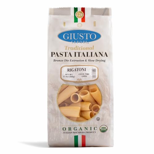 Giusto Sapore Organic Rigatoni Pasta, Imported Artisanal Gourmet Dry Pasta, Ridged Wide Tubes 17.6oz (500g)