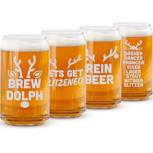 On The Rox Drinks Funny Christmas Beer Glasses - Reindeer Holiday Beer Can Glass Set of 4 - Drinking Glasses and Drinkware - Beer Gift Sets for Christmas