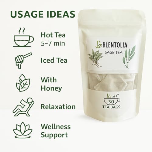 Blentolia Sage Tea | 100% Natural Herbal Infusion | Soothing & Aromatic | Caffeine-Free Wellness Tea &ndash; 30 Tea Bags Resealable Pouch