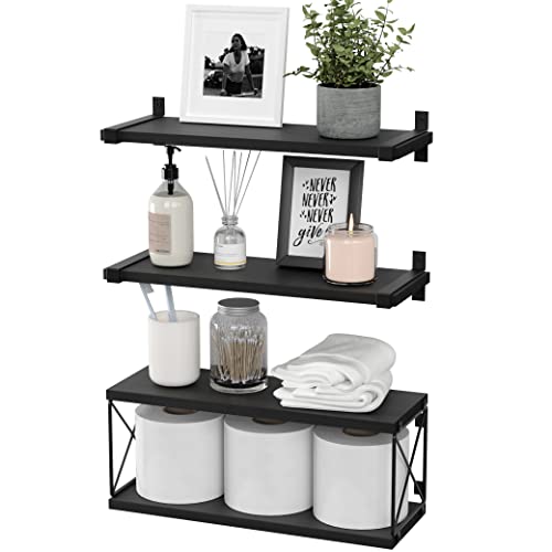 Wopitues Floating Shelves Wall Mounted, Wood Bathroom Shelves With Extra Storage Shelf, Rustic Wall Shelves For Bathroom, Bedroom, Kitchen, Living Room, Plants - Black #TOP5