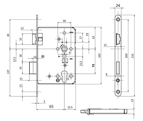 Türschloss BKS FH Stahl DIN 18250 DO 9.0 mit Dornmaß 65mm