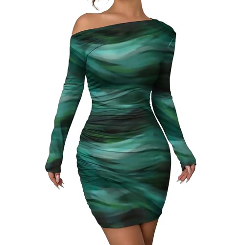 Image of Women's Long Sleeve Bodycon Mini Dress Tie Dye Print Slim Fit Asymmetrical Neck Elegant Formal Ruched Short Dresses