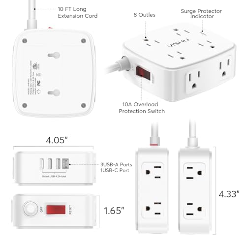Image of 10 Ft Surge Protector Power Strip - YISHU 3 Side Outlet Extender with 8 Widely AC Outlets and 4 USB Ports, 10 Feet Extension Cord with Flat