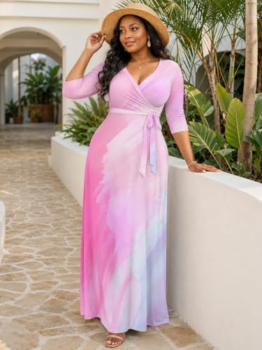 Image of Plus Size Dresses for Women Print Maxi Dresses 3 /4 Sleeve with Belt