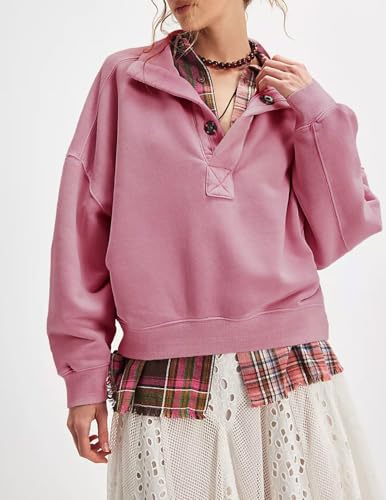 Fenclushy Sweatshirt for Women Long Sleeve 1/4 Button Mock Neck Pullover Tops Casual Outfits Tops(RosePink,L) — view 2