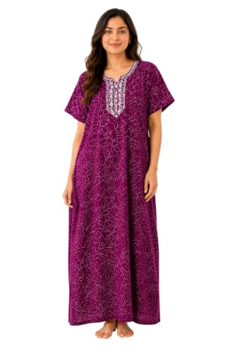 Image of Pure Cotton Hand Embroidery Nighty for Woman | Floral Gown for Women Nightwear with Pocket | Cotton Nighty for Women Stylish | Maxi for Women Cotton Free Size Purple
