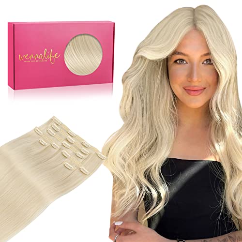 Image of WENNALIFE Lace Seamless Clip in Hair Extensions Human Hair 7pcs Ultra Invisible 50% Thinner Seamless Clip Ins Platinum Blonde Natural Remy Hair 16 inch