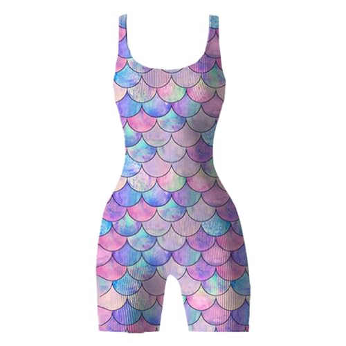 Badeanzug Damen Bauchweg Einteilig Push Up Badebekleidung 3D Fischschuppe Swimwear Ärmellos Figurformend Strandmode Schlankheits Modische Bademode für Strand Urlaub Pool