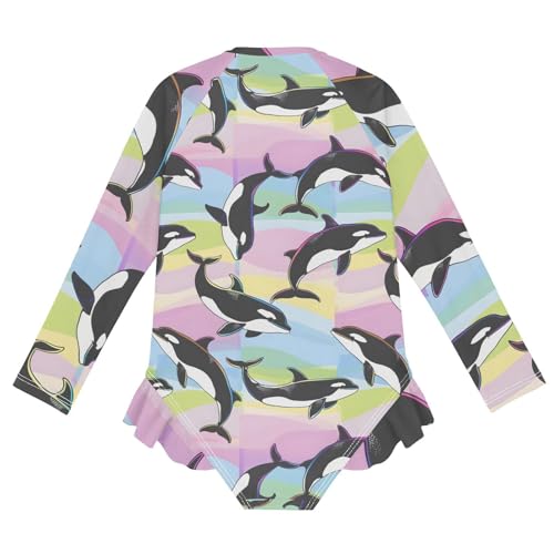 Girls One Piece Swimsuits Long Sleeve Swimsuit Zipper Bathing Suits Rainbow Orcas Rainbow2