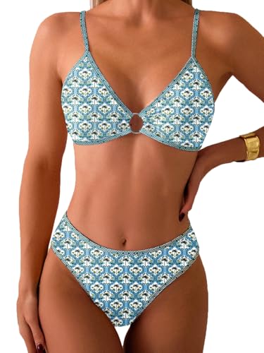 Image of Fanuerg Women's Triangle Bikini Sets O Ring Linked Two Piece Swimsuits Floral Printed Cheeky Bathing Suit