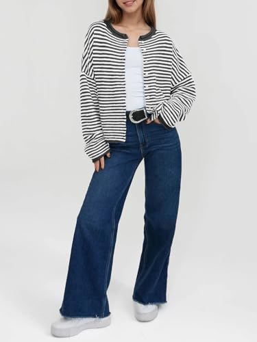 Image of Saodimallsu Womens Striped Cardigan Casual Long Sleeve Open Front Button Down Loose Knit Lightweight Fall Sweaters