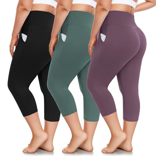 FULLSOFT 3 Pack Plus Size Capri Leggings with Pockets for Women -High Waist Stretchy 1X-4X Workout Yoga Pants(2XL HDLZ)