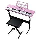 LALAHO Clavier Piano 61 Touches avec Support de Clavier, Banc de Piano, Piano Numérique avec Casque, Pupitre, Microphone, Écran LED, pour Débutants (Rose)