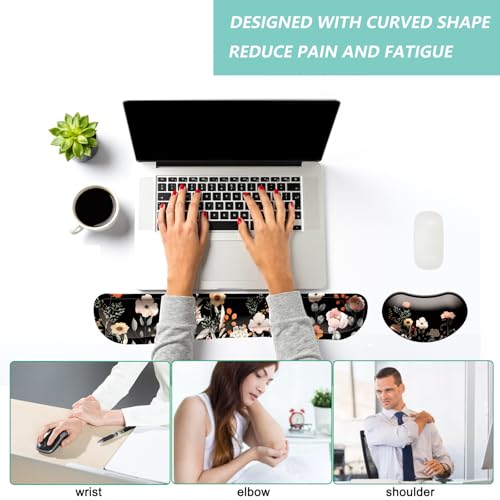 Keyboard Wrist Rest Mouse Wrist Support Set, Memory Foam Wrist Rest Pad for Computer Laptop Keyboard Mouse, Ergonomic Wrist Cushion Support for Typing Pain Relief, Gaming Home Office, Flower Black