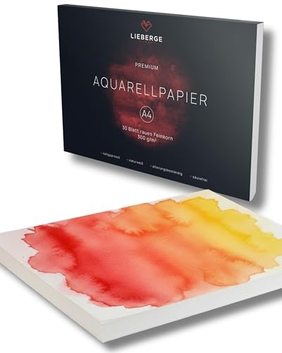 LIEBERGE Premium Aquarellpapier A4 300g – made in Germany – 30 Blatt Aquarellblock verleimt – naturweißes Malpapier für Wasserfarben | Watercolor Paper (A4 30 Blatt)