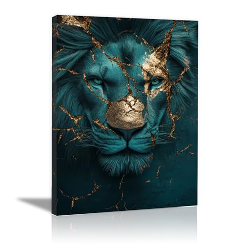 Impression sur Toile Lion Abstrait Bleu et Doré 40x60cm
