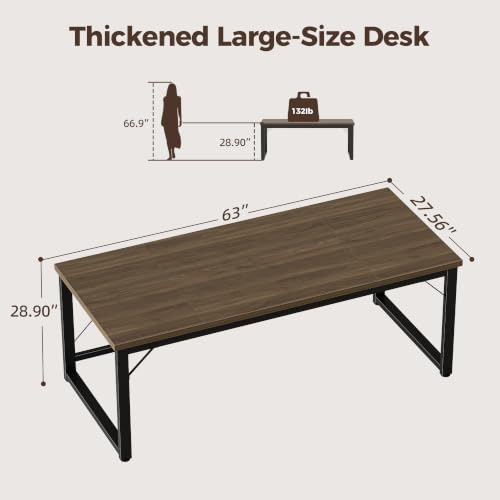 Image of Mericonia 63x28 Inch Computer Desk, 1 inch Thick Large Office Table, Walnut | Modern Simple Style, Heavy Duty Industrial Frame, Large Study & Writing Table for Home Bedroom Work