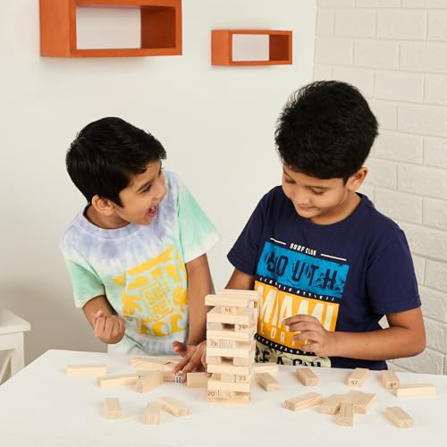 Image of Amazon Brand - Jam & Honey- 54pcs Premium Hardwood Tumbling Tower,4 Dices | Wooden Building Blocks | Stacking Tower Game |Party Game, Birthday Gift for Adults and Kids Age 6+, Multiplayers