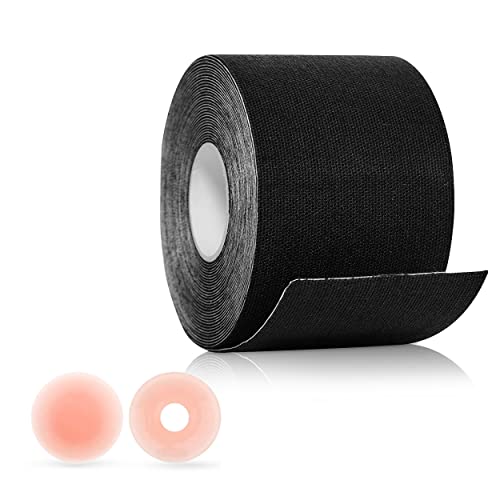 SandySkin® | 2in1 Busen-Tape Farbe schwarz + Gratis Silikon Nippel-Pads | Boob Tape, Body Tape, Push-Up, Lifting | Push-UP | Rückenfreies Kleid Abendkleider, Ballkleid Cover