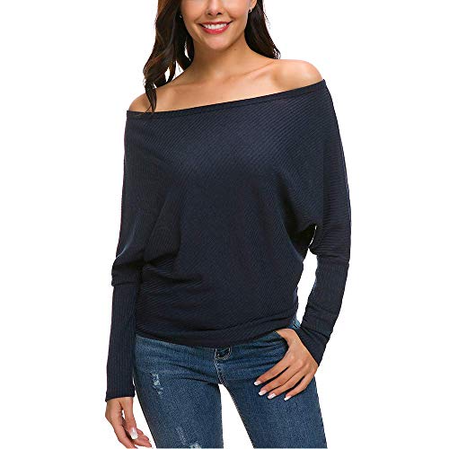 VOIANLIMO Women's Off Shoulder Knit Jumper Long Sleeve Pullover Baggy Solid Sweater (Medium, Dark Blue) - Thumbnail 2