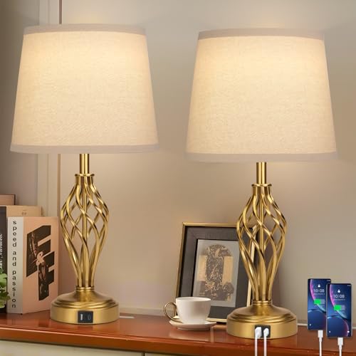 Ruiever Touch Table Lamps Set of 2, nightstand lamp with USB Ports Bedside 3 Way Touch dimmer Desk lamp for Living Room Bedroom,Gold Plated Spiral cage Base Design Warm White dimmer Bulbs Included.