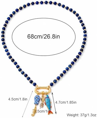 Zxcog Fish Beaded Necklace for Women Boho Colorful Beaded Fish Pendant Necklace Coral Seashell Starfish Necklace Conch Shell Sardine Necklaces Summer Beach Boho Jewelry Accessory (dark blue)
