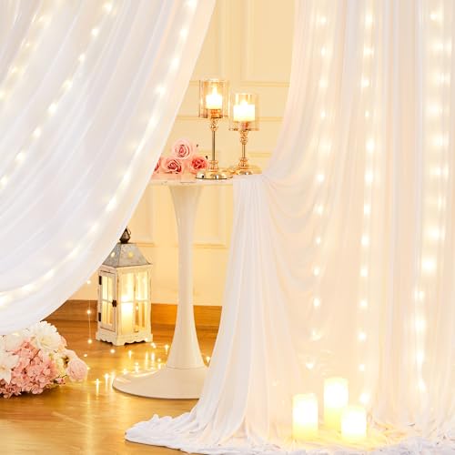 Wish Care 10x10ft White Backdrop Curtains with Lights String for Parties Wrinkle Free White Curtains Soft Fabric Photo Drapes for Wedding Birthday Baby Shower Photography Background 5x10ft, 2 Panels - Thumbnail 5