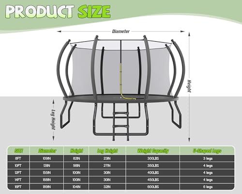 YUMPIE 8FT 10FT 12FT 14FT 15FT 16FT Outdoor Trampoline with Enclosure Net and Ladder, Recreational Trampolines for Kids, Pop-up Quick Connect Frame, ASTM Approval — view 2