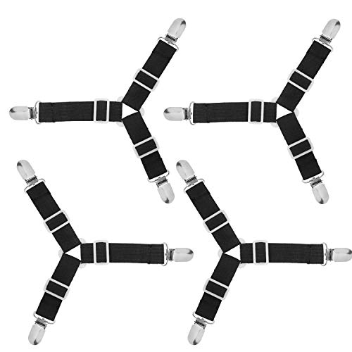 4Pcs Triangle Bed Sheet Holder, BetyBedy Adjustable Sheet Band Straps Fasteners Suspenders, Bed Sheet Keeper Grippers for Mattress Pad Cover, Sofa Cushion (Black)