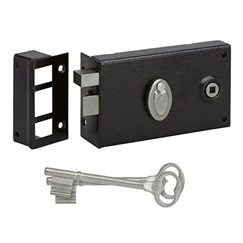METALUX série 596 - Serrure en applique noire Horizontale Gauche tirant Pêne dormant 1/2 tour avec clé L et gâche 140x82mm